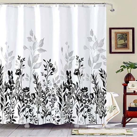 Neasow Bath Black And Grey Shower Curtain Floral Leaves Bathroom